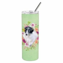 Caroline&apos;s Treasures K4282TBL20 20 Oz Borzoi Green Flowers Double Walled Stainless Steel Skinny Tumbler