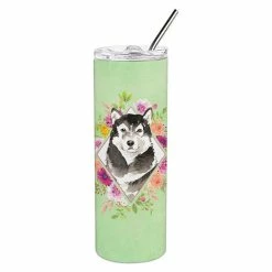 Caroline&apos;s Treasures K4384TBL20 20 Oz Alaskan Malamute Green Flowers Double Walled Stainless Steel Skinny Tumbler