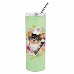 Caroline&apos;s Treasures K4385TBL20 20 Oz Longhaired Chihuahua Green Flowers Double Walled Stainless Steel Skinny Tumbler