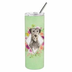 Caroline&apos;s Treasures K4391TBL20 Irish Wolfhound Green Flowers Double Walled Stainless Steel Skinny Tumbler, 20 Oz