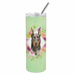 Caroline&apos;s Treasures K4401TBL20 Doberman Pinsher Green Flowers Double Walled Stainless Steel Skinny Tumbler