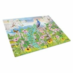Caroline's Treasures PRS4042LCB Peacock On Garden Fence Glass Cutting Board - Large