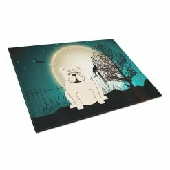 Caroline's Treasures BB2313LCB Halloween Scary English Bulldog White Glass Cutting Board - Large
