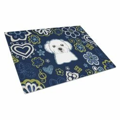 Caroline&apos;s Treasures BB5059LCB Blue Flowers Maltese Glass Cutting Board - Large