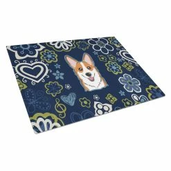 Caroline&apos;s Treasures BB5105LCB Blue Flowers Red Corgi Glass Cutting Board - Large