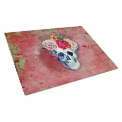 Caroline&apos;s Treasures BB5130LCB Day Of The Dead Red Flowers Skull Glass Cutting Board - Large