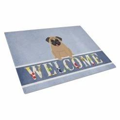 Caroline&apos;s Treasures BB5586LCB Pug Brown Welcome Glass Cutting Board - Large