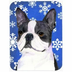 Caroline&apos;s Treasures SS4654LCB Boston Terrier Winter Snowflakes Holiday Glass Cutting Board - Large