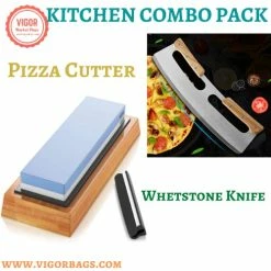 Vigor Pizza Cutter Rocker With Wooden Handles And Japanese Whetstone Knife Combo Pack
