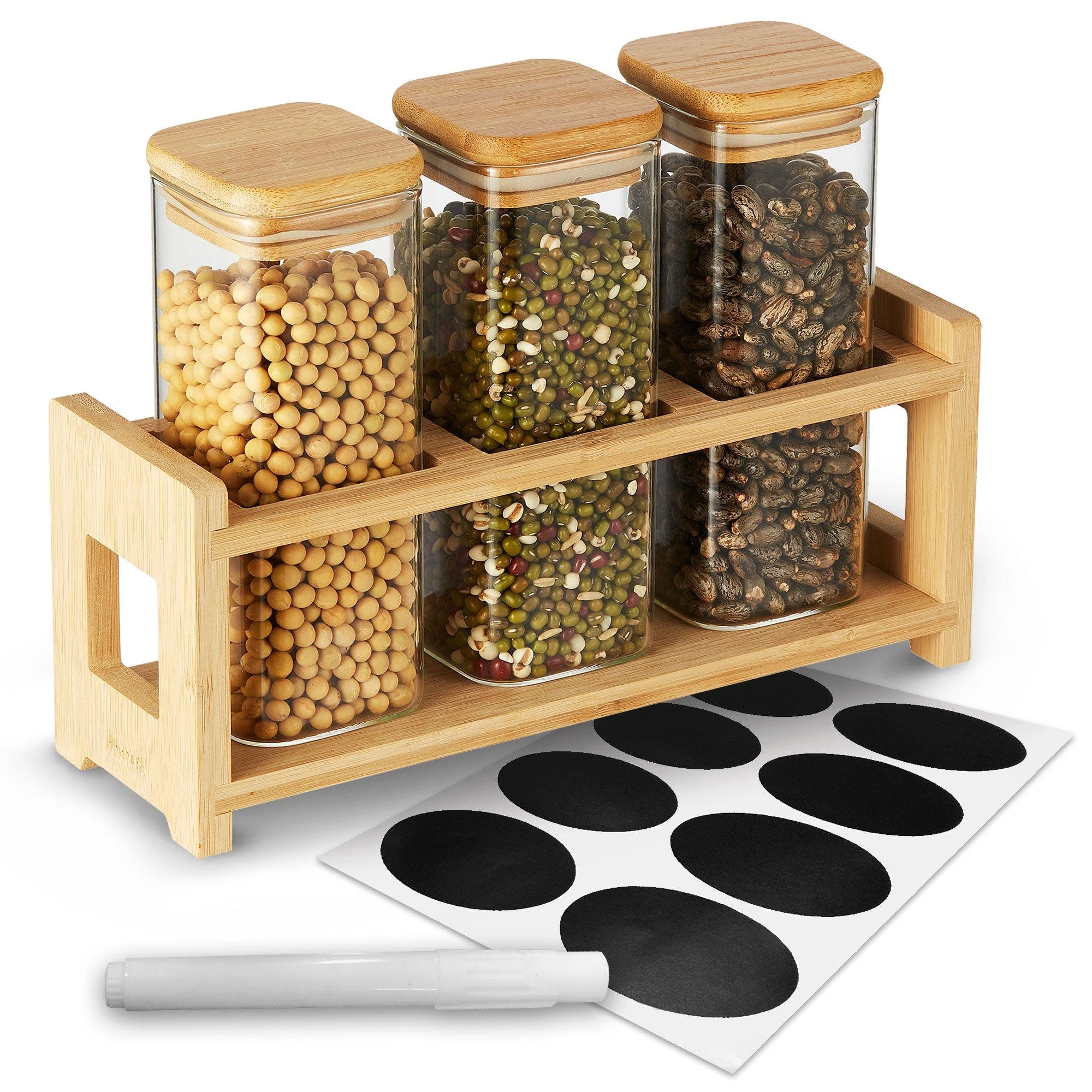 Cheer Collection Glass Mini Storage Jars With Bamboo Lids And Display Stand 3 Cheer Collection Glass Mini Storage Jars With Bamboo Lids And Display Stand