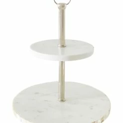 Anaya Home White Marble 2 Tier Cake Stand With Mother Of Pearl Inlay