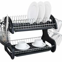 Home Basics 2 Tier Plastic Dish Drainer, Black