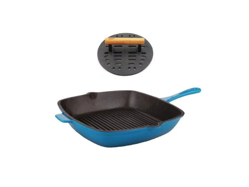 BergHOFF Neo 2Pc Cast Iron Set, 11" Grill Pan & With Slotted Steak Press - Blue 3 BergHOFF Neo 2Pc Cast Iron Set, 11" Grill Pan & With Slotted Steak Press - Blue