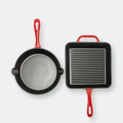 BergHOFF 2Pc Enamel Cast Iron 10" Fry Pan & 10" Grill Pan Set, Red