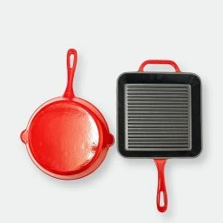 BergHOFF 2Pc Enamel Cast Iron 10" Fry Pan & 10" Grill Pan Set, Red -Tools Verkaufsladen M05413821327082 2697873987 scaled